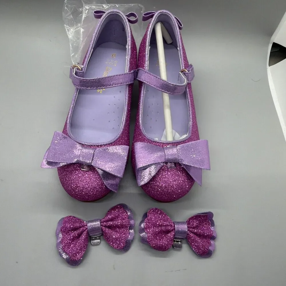 Girls Dress Shoes 1.3inch Low Heel Dance Shoes Bow Glitter Wedding Party Shoes